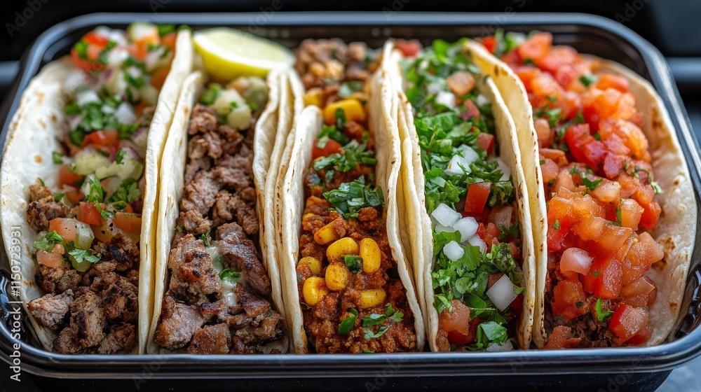 Tasty taco platter with various fillings and fresh toppings in a vibrant setting Tasty taco platter with various fillings and fresh toppings in a vibrant setting