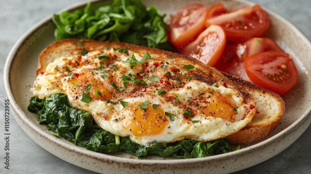 Delicious breakfast featuring baked eggs on toast with spinach and fresh tomatoes Delicious breakfast featuring baked eggs on toast with spinach and fresh tomatoes