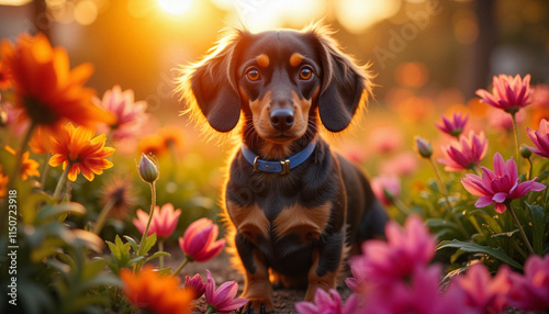 Long-haired miniature dachshund sitting among colorful flowers at sunset
 photo