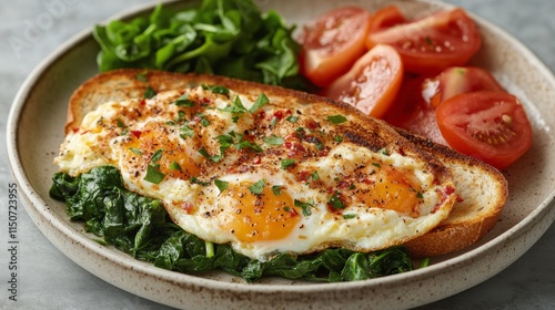 Delicious breakfast featuring baked eggs on toast with spinach and fresh toma...