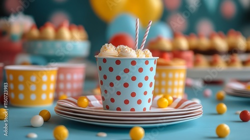 Celebration table setting with cake, party cups, and decorative plates during...