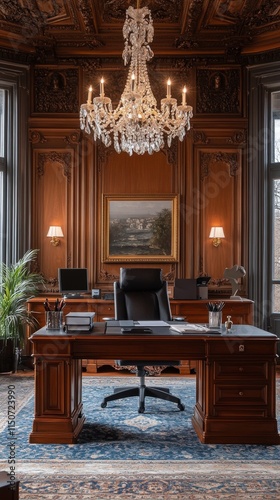 Elegant home office with chandelier and bookshelf featuring family photos in ...
