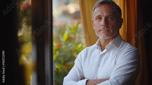 Confident man in a formal outfit standing by a window in an office setting