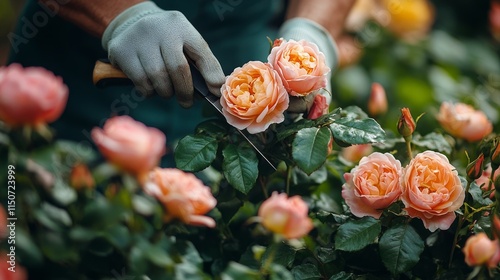 Pruning pink roses in a vibrant garden during sunny spring afternoon
