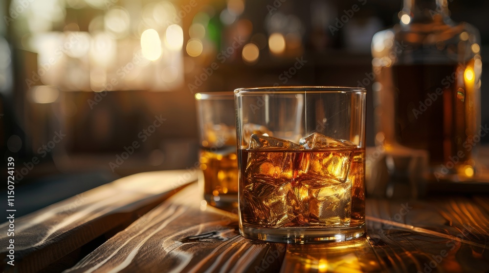 Glass of whiskey on a rustic wooden table Glass of whiskey on a rustic wooden table