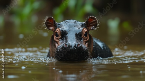 Hippo emerging from water with flowers in serene natural setting during daylight