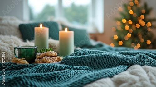 Cozy afternoon with popcorn and green drink on a knitted blanket