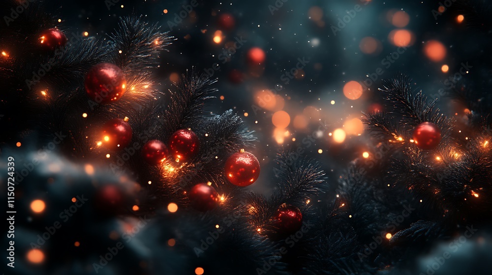 Fototapeta premium Dark Christmas Tree Decorated With Red Ornaments And Lights