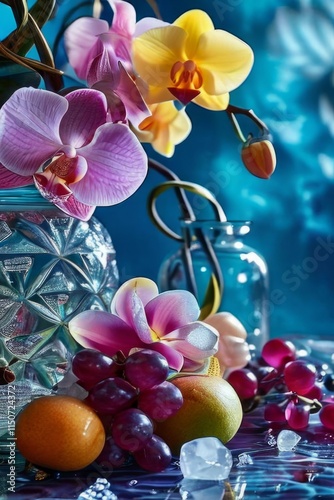 Captivating purple orchid, glass of ice, lemon, and colorful spheres. Bright, modern design perfect for beverage, wellness, or floral promotions.