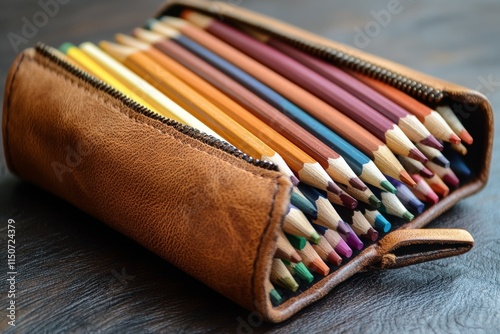 Colorful pencils arranged neatly in a brown leather case on a wooden surface