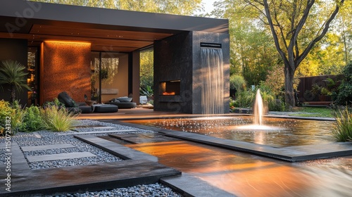 Modern outdoor living space with waterfall feature and sleek architecture sur...