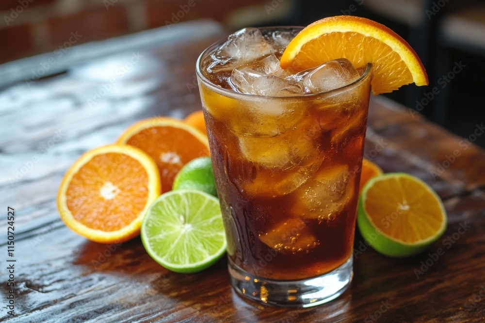 Refreshing citrus drink with orange slices and mint on a wooden table