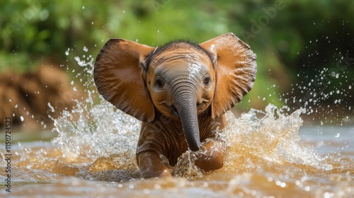 Young elephant splashes joyfully in river during sunny day surrounded by lush...