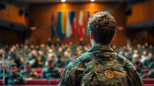 Soldier addressing a large audience in an auditorium.