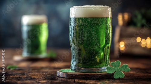 Bright green drinks on wooden table during sunset celebration in cozy venue
