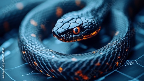 Colorful snake resting on mossy rock in a lush tropical environment