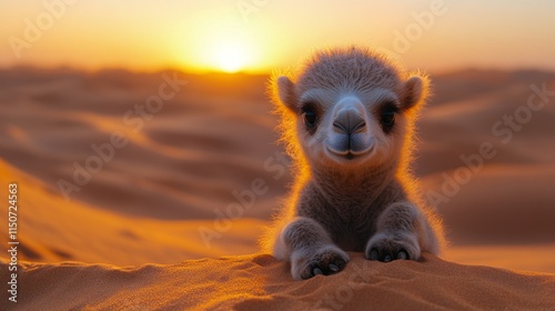 Curious camel calf gazes at sunset in a desert landscape