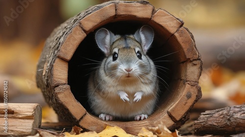 Cute small animal peeking from a wooden tunnel surrounded by autumn leaves
