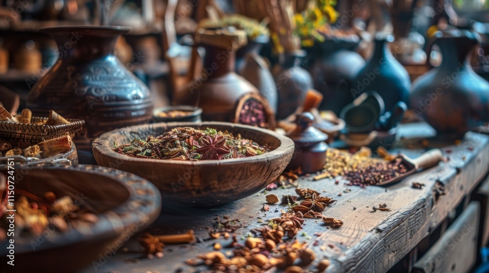 Rustic market display of spices in traditional bowls Rustic market display of spices in traditional bowls