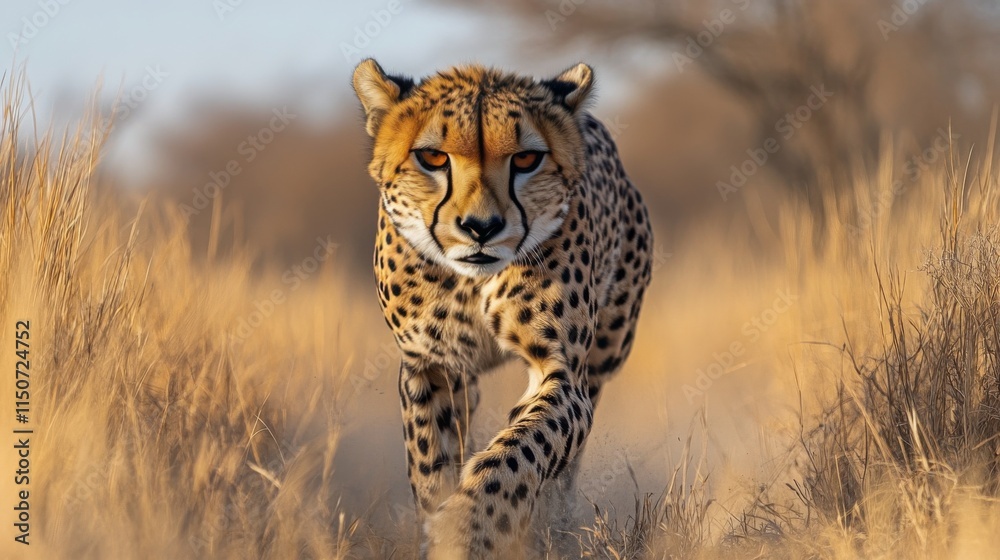 Cheetah sprinting through a forest in autumn, showcasing speed and agility in motion Cheetah sprinting through a forest in autumn, showcasing speed and agility in motion