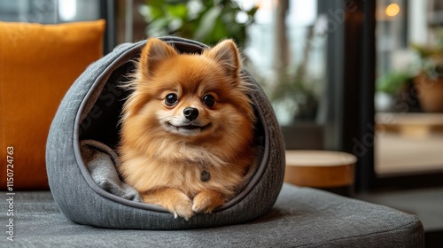 Pomeranian dog sitting calmly in a brown bag with a cozy indoor background