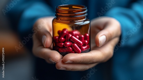 Prescription medication bottle held in a cozy living room with warm lighting