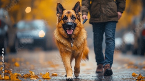 Dog walking on autumn street amidst vibrant leaves with person strolling nearby