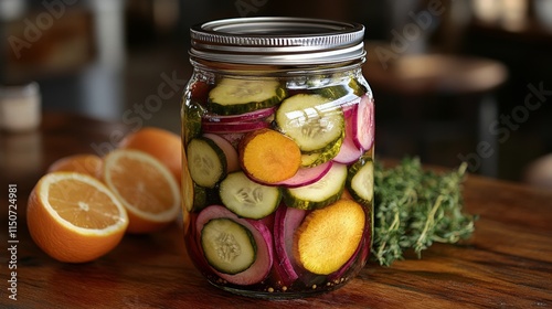 Colorful jar of pickled vegetables with fresh produce in background at a rust...
