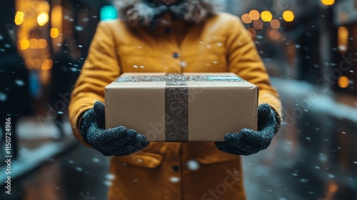 Person holding a gift box in a snowy city street during winter festivities in...