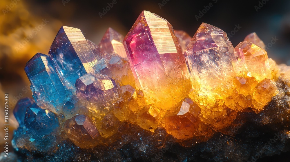A vibrant cluster of multicolored crystals showcasing natural beauty and geological formation. A vibrant cluster of multicolored crystals showcasing natural beauty and geological formation.