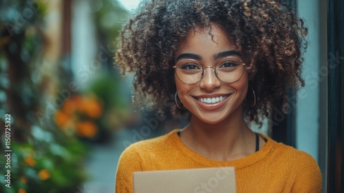Smiling young woman in cozy sweater holding package in sunny outdoor setting