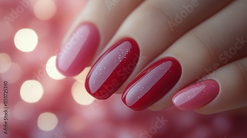 Nail art with glossy pink finish under vibrant lighting