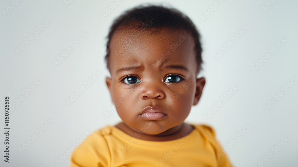 A close-up portrait of a serious, stern baby with focused eyes, capturing the intensity of their expression. This babyâs look adds a unique and humorous touch to newborn photograph A close-up portrait of a serious, stern baby with focused eyes, capturing the intensity of their expression. This babyâs look adds a unique and humorous touch to newborn photograph