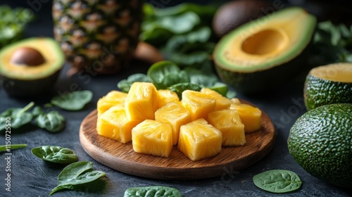 Fresh fruit and vegetable arrangement featuring pineapples and avocados on a ...