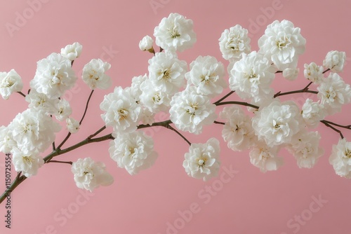 Beautiful white cherry blossom branch against a pink background showcasing na...