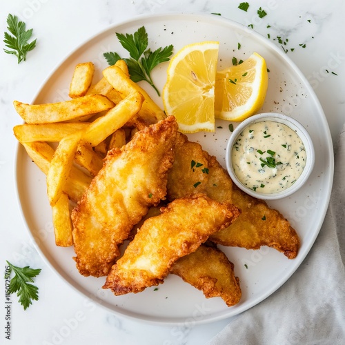 A plate of golden, crispy fish and chips with a side of tartar sauce and lemon wedges, served on a simple white plate