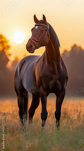 Horse stands gracefully in a golden field at sunset near a forest edge