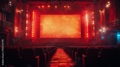 Vibrant interior of a modern cinematic venue with neon lighting and empty seats