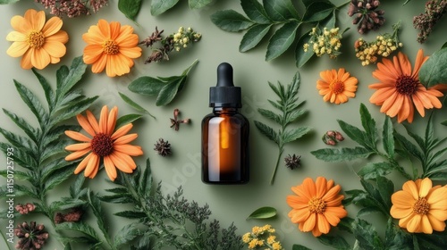 Herbal essence bottle surrounded by lush greenery and colorful butterflies in...