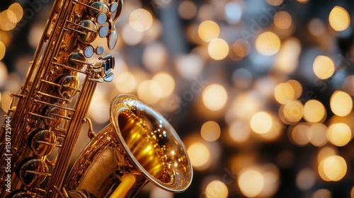 Saxophone shines brightly against a backdrop of warm bokeh lights in a cozy s...