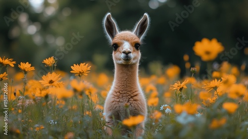 Cute baby alpaca standing in a field of flowers during sunset with warm light