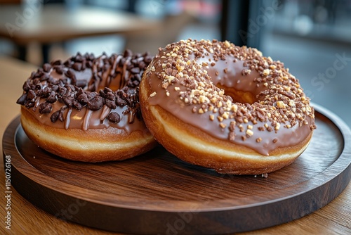 Freshly baked sweet doughnuts on wooden serving tray with powdered sugar spri...