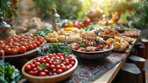 Festive gathering with traditional treats and drinks displayed under warm lan...