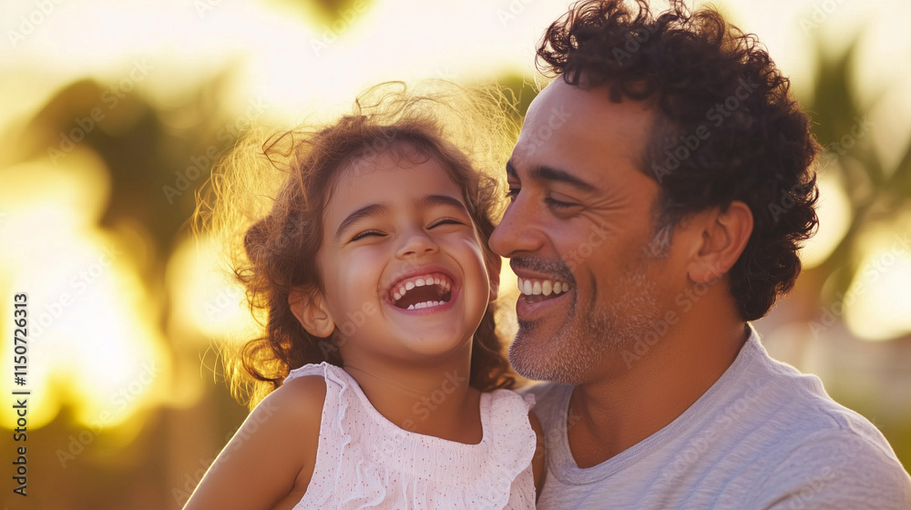 Obraz premium In a tender moment of bonding, a father and daughter laugh together, showcasing the pure joy and closeness between them. This image captures the heart of family life, ideal for con