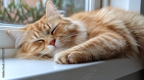 Cat resting peacefully on a windowsill near potted plants in a cozy indoor se...