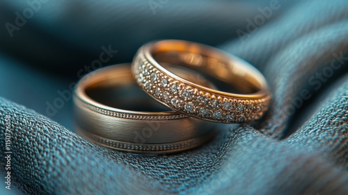 Gold wedding rings resting on shimmering fabric with soft lighting enhancing ...