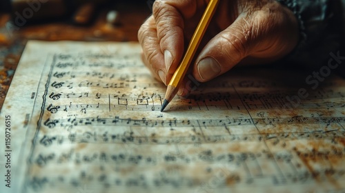 Creating musical notations with a pencil on sheet music for a new composition