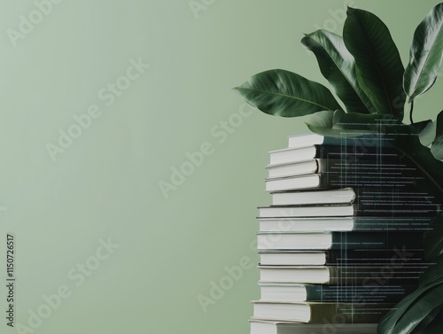 Stack of books with digital overlay on green background for educational innovation concepts photo