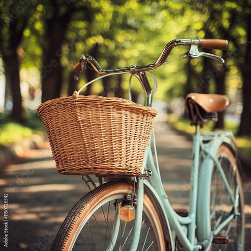 Light blue bicycle with wicker basket parked on tree-lined path.