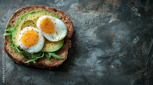 Delicious avocado toast topped with poached eggs on whole grain bread in a ru...